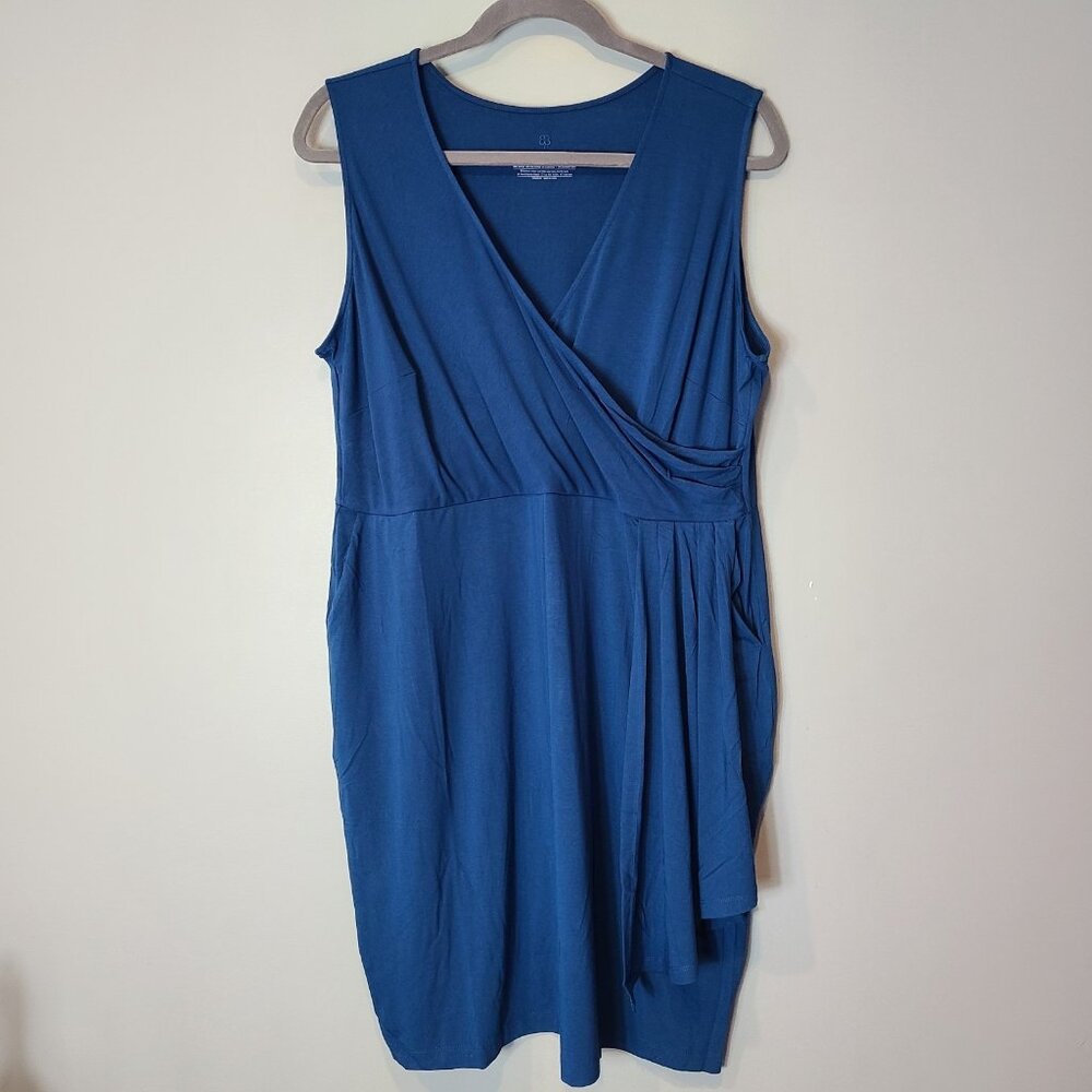 Betabrand Faux-Wrap Dress Blue Opal Pockets Stretch Size‎ 2X New Art Deco